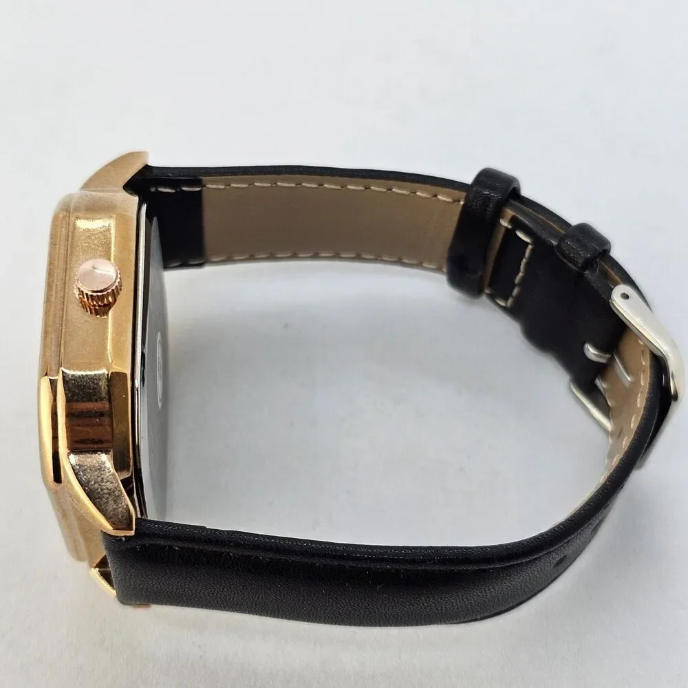 Men's Watch 42MM Black Dial‎ Gold Case Black Leather Band Straps Date Indicator